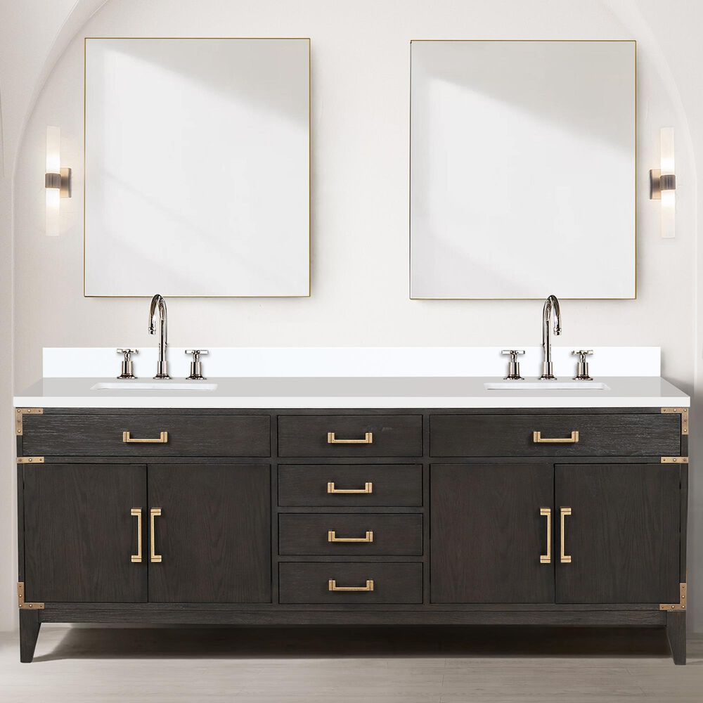 Lexora Home Laurel 84&quot; Double Bathroom Vanity in Brown Oak with White Quartz Top and Rectangular Sinks, , large