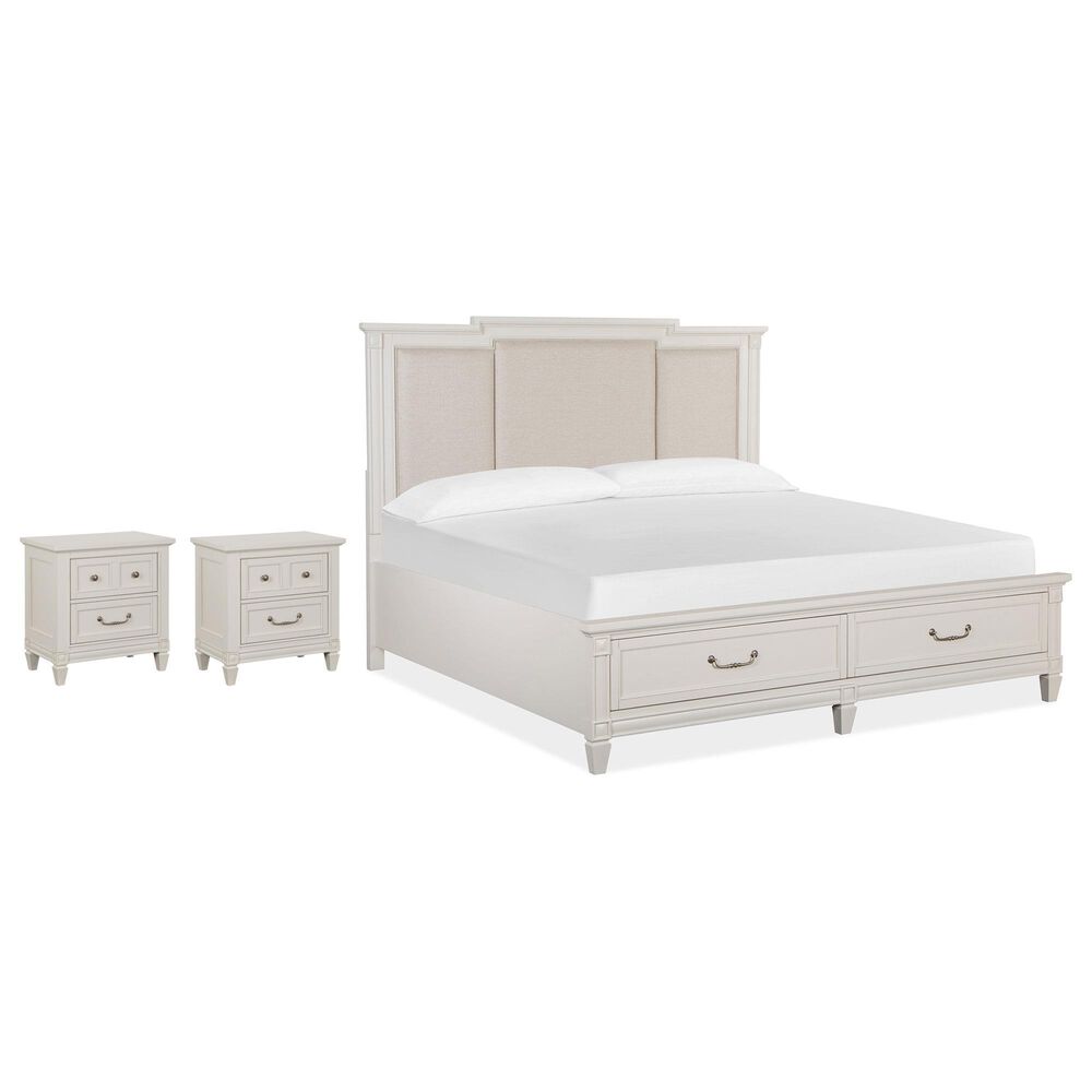 Nicolette Home Willowbrook King Storage Bed with Upholstered Headboard with Two Nightstands in Egg Shell White, , large