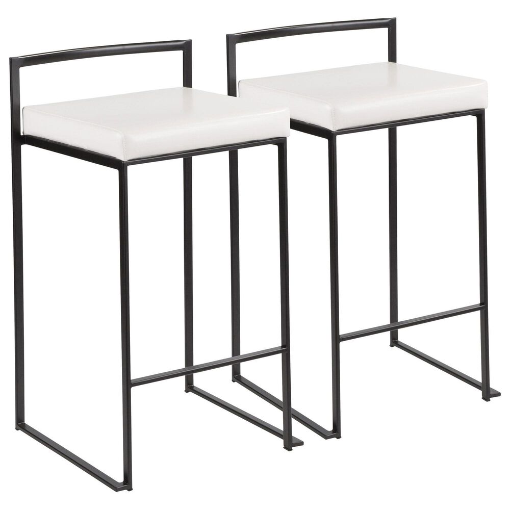 Lumisource Fuji Stackable Counter Stool with White Faux Leather Cushion in Black (Set of 2), , large