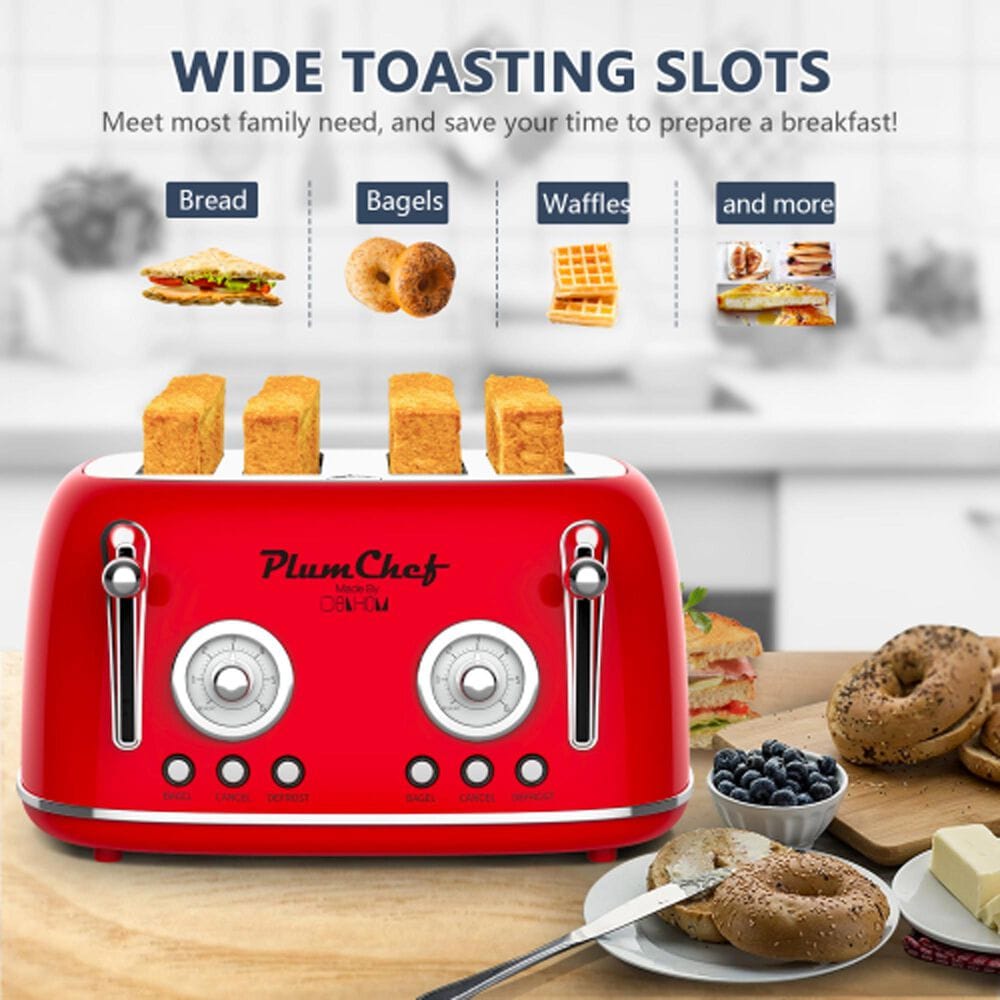 HOMLUX 4-Slice Retro Style Toaster in Red, , large