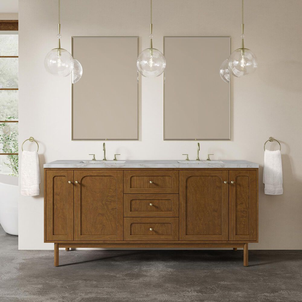 James Martin Laurent 72" Double Bathroom Vanity in Honey Oak with 3 cm Victorian Silver Silestone Top and Rectangular Sinks, , large