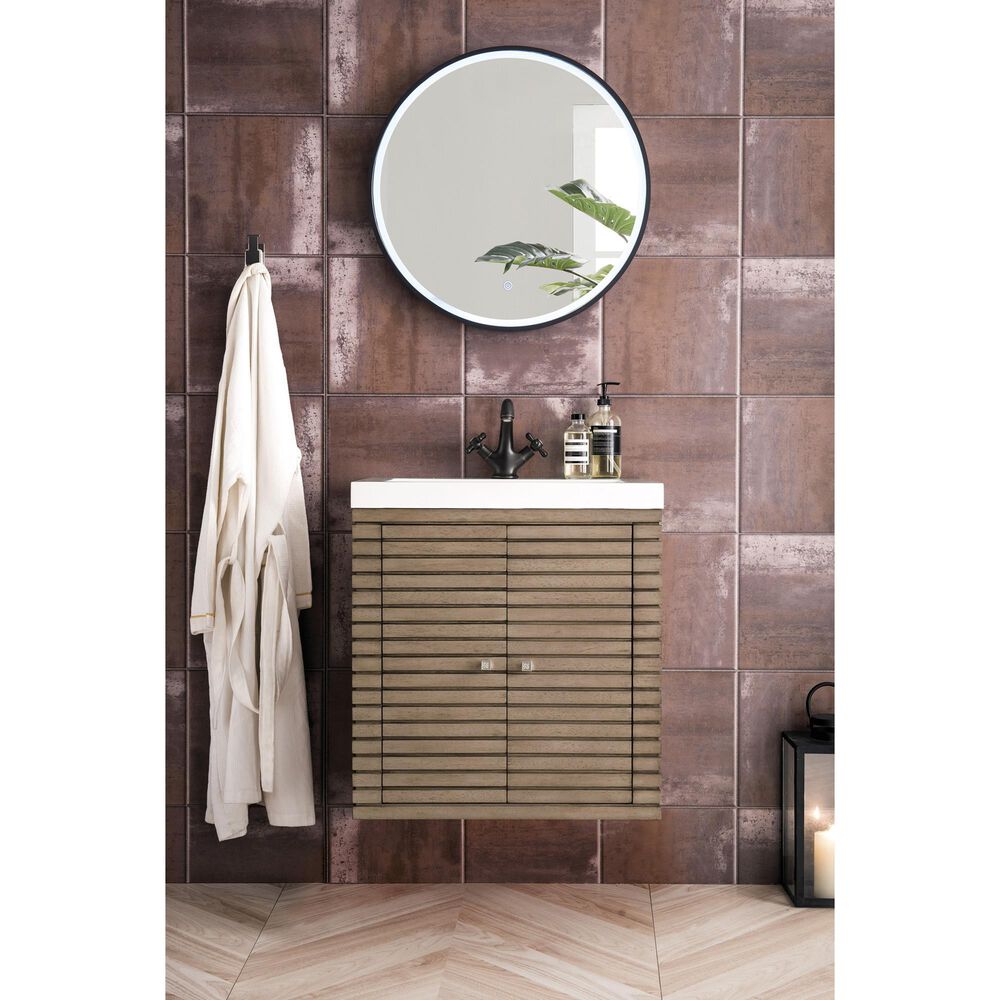 James Martin Vanities Linden 24&quot; Single Bathroom Vanity in Whitewashed Walnut with 5 cm White Glossy Resin Top and Rectangular Sink, , large