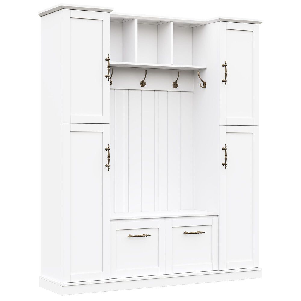 HOMLUX 5-Hook Hall Tree with 4 Side Cabinets and Storage Bench in White, , large