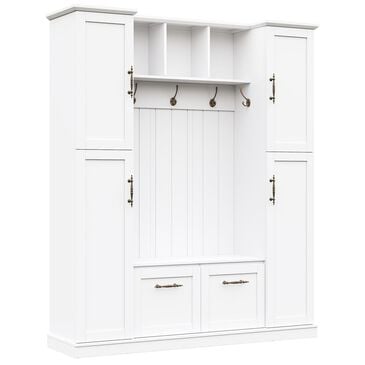 HOMLUX 5-Hook Hall Tree with 4 Side Cabinets and Storage Bench in White, , large