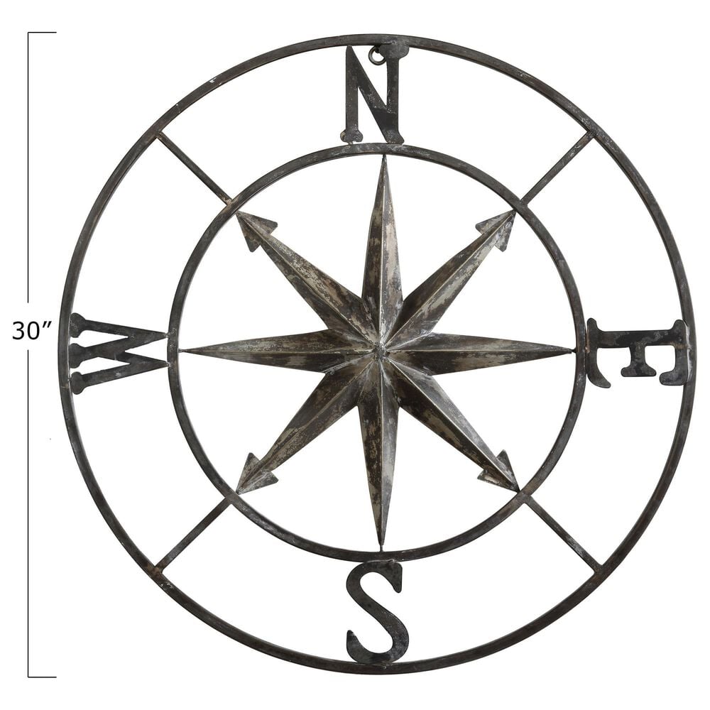 Creative Coop 30" Round Metal Compass Wall Decor in Distressed Silver, , large