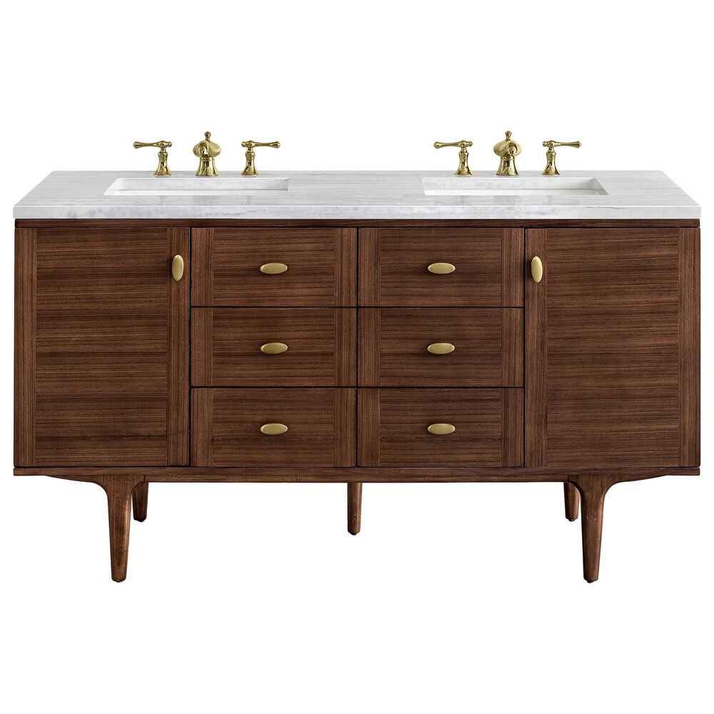 James Martin Vanities Amberly 60" Double Bathroom Vanity in Walnut with 3 cm Arctic Fall Solid Surface Top and Rectangular Sinks, , large