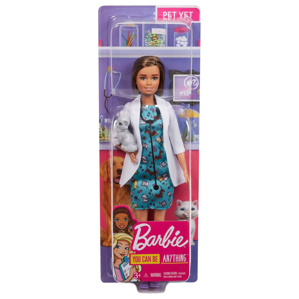 Barbie Pet Vet Doll, Brunette, Wearing Career Pet-print Dress, , large