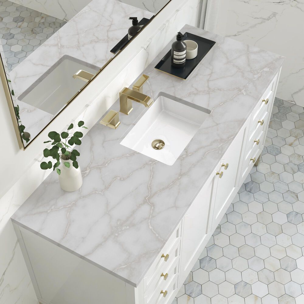 James Martin Vanities Chicago 60&quot; Single Bathroom Vanity in Glossy White with 3 cm Victorian Silver Quartz Top and Rectangular Sink, , large