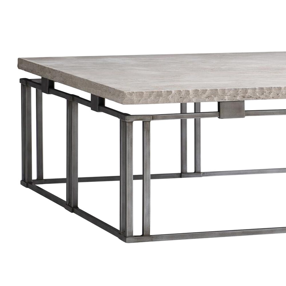 Bernhardt Riverton 48&quot; Cocktail Table in Honed Bianco Travertine and Silver, , large