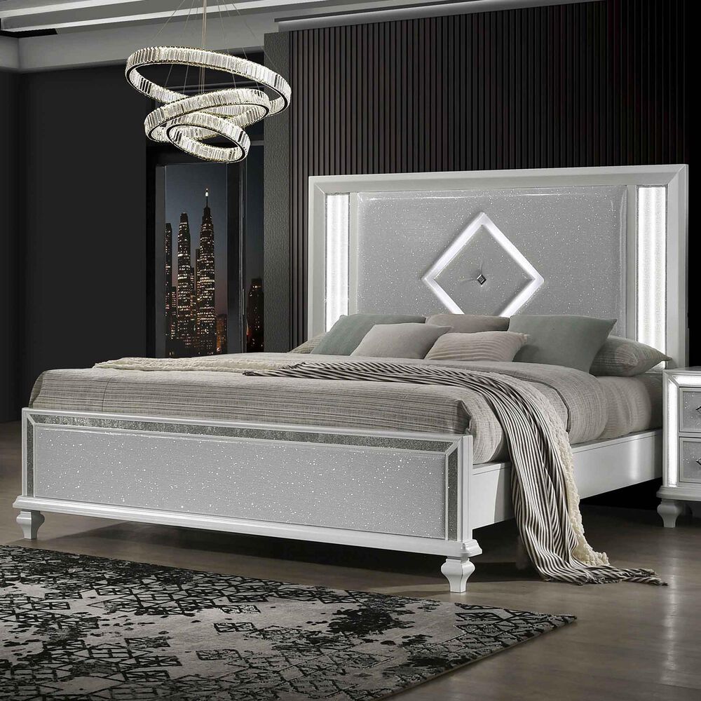 New Heritage Design Stardust Queen Panel Bed in White and Silver, , large