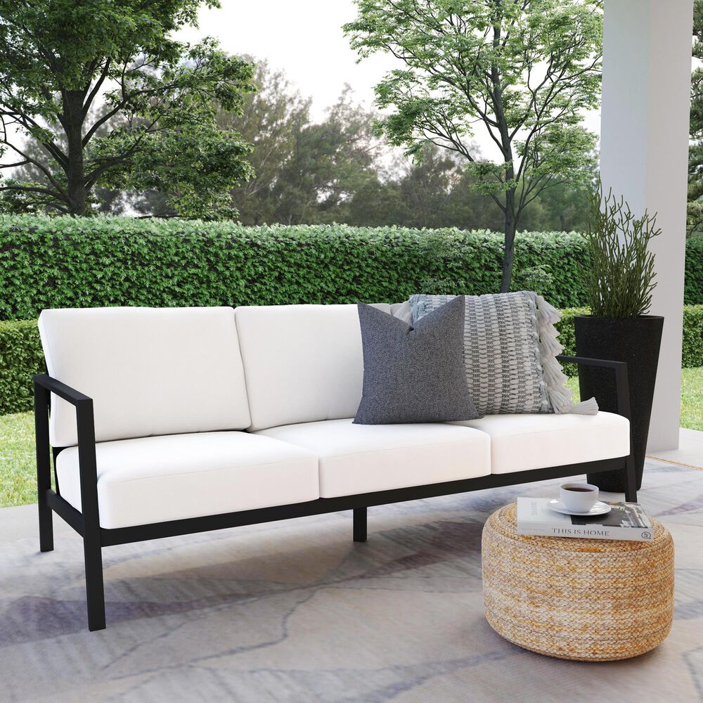 Linon Home Decor Holland Outdoor Sofa with White Cushions in Black, , large