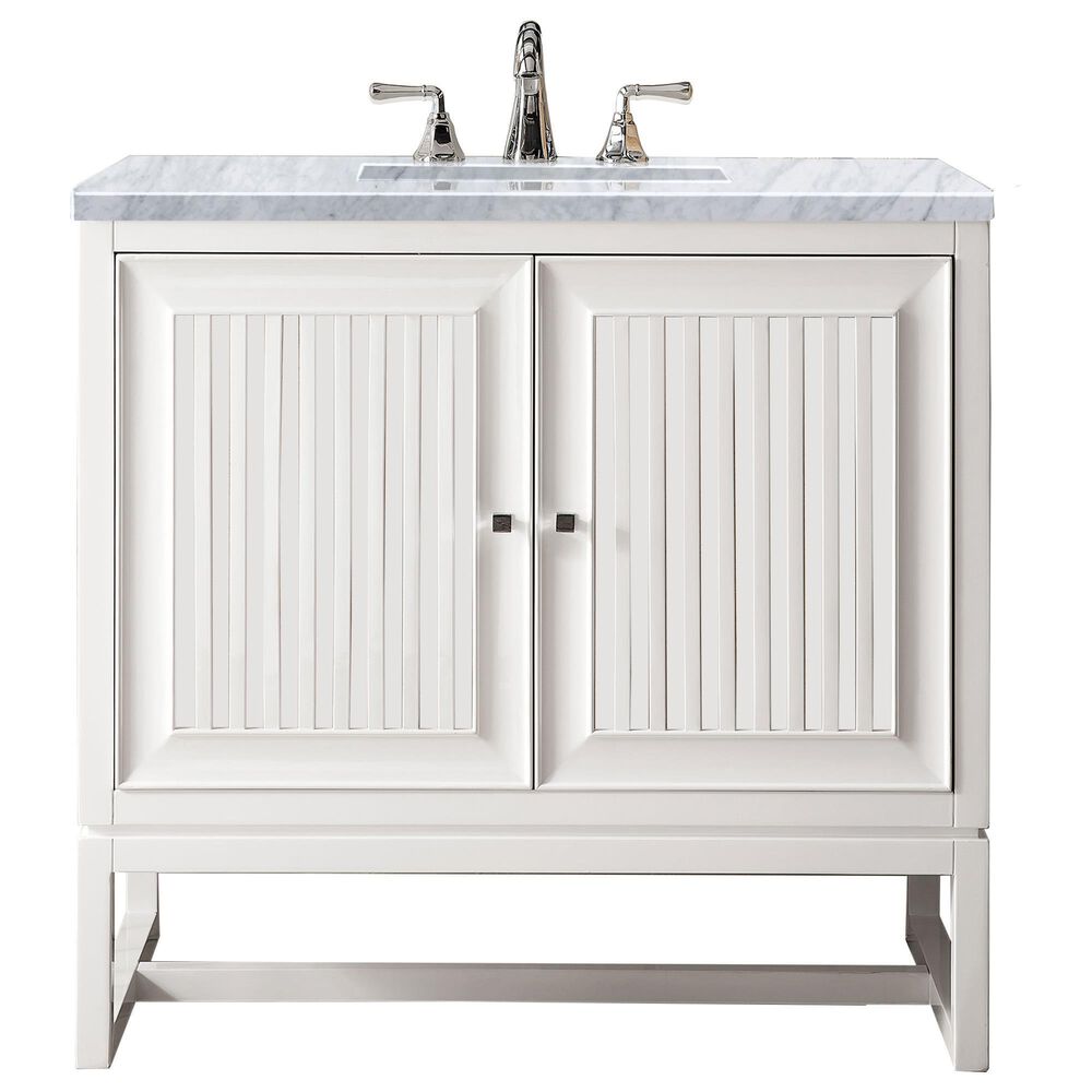 James Martin Vanities Athens 36" Single Bathroom Vanity in Glossy White with 3 cm Carrara White Marble Top and Rectangular Sink, , large