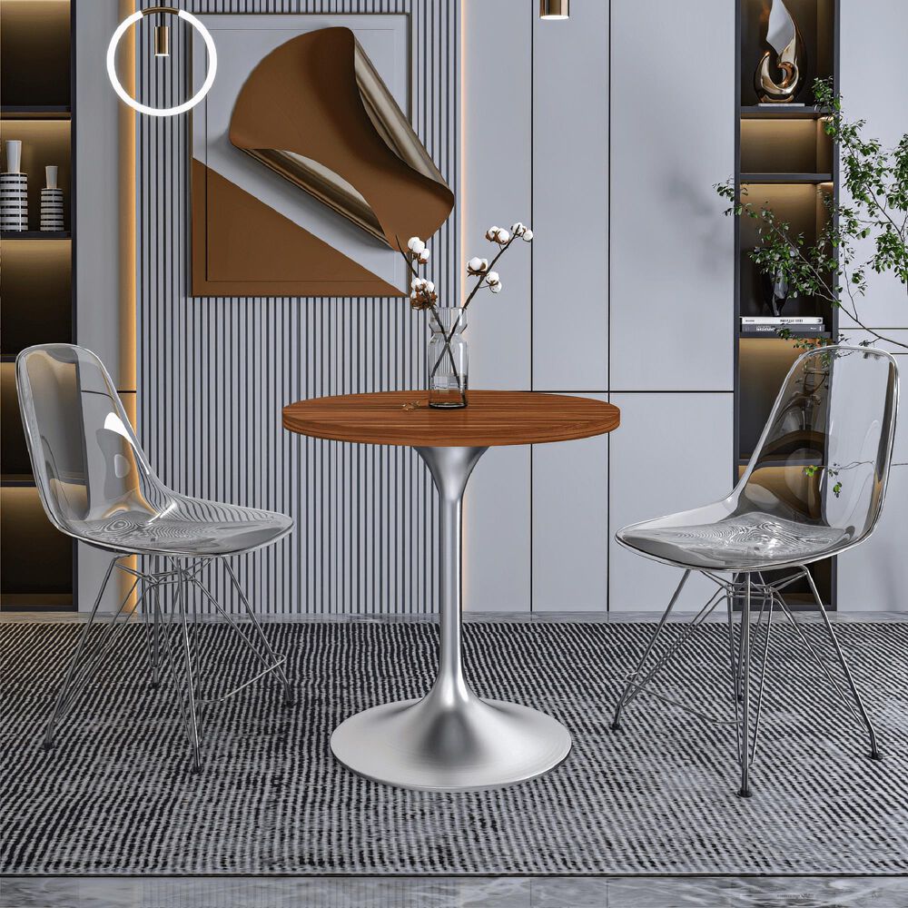 Leisuremod LeisureMod Verve Collection 27 Round Dining Table, Brushed Chrome Base with Cognac Brown MDF Top, , large