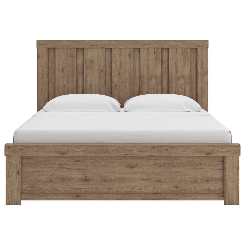 Ashley Oliandon King Panel Bed Dresser Chest and 2 Nightstands in Light Brown, , large