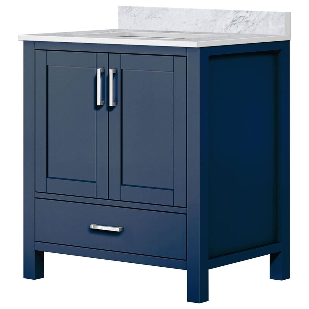 Lexora Home Jacques 30" Single Bathroom Vanity in Navy Blue with 2 cm White Carrara Marble Top and Rectangular Sink, , large
