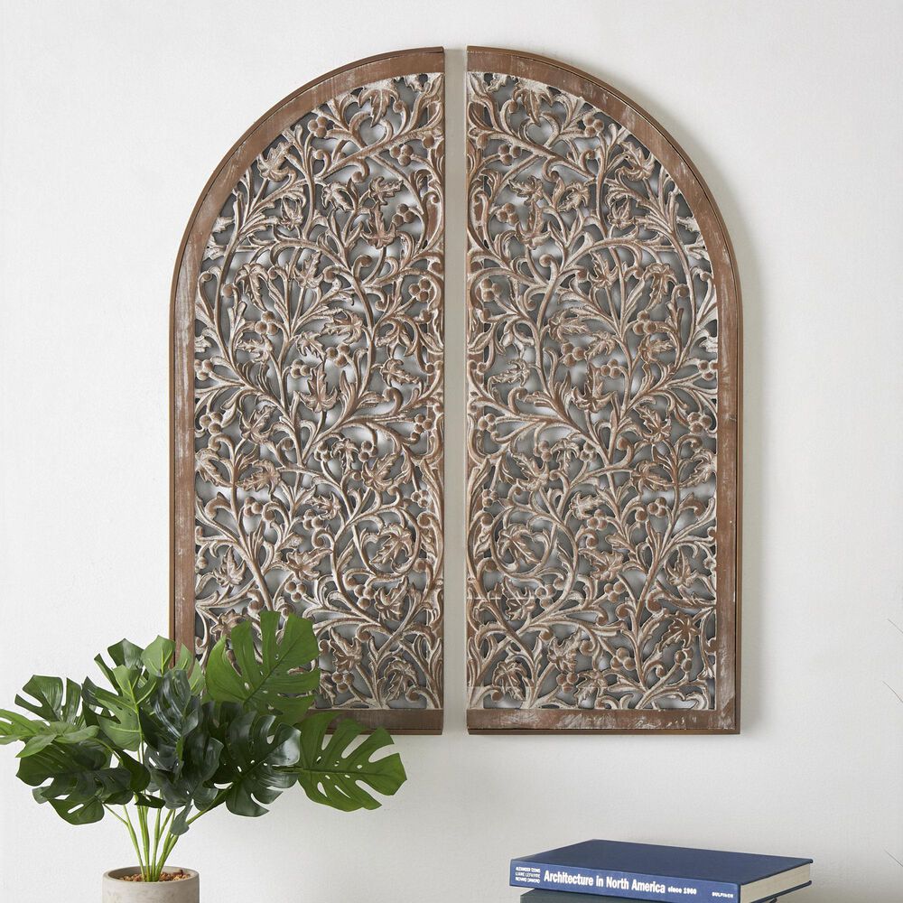 Maple and Jade 36&quot; x 15&quot; Floral Arched Wall Decor with Intricate Carvings in Brown and Whitewashed &#40;Set of 2&#41;, , large