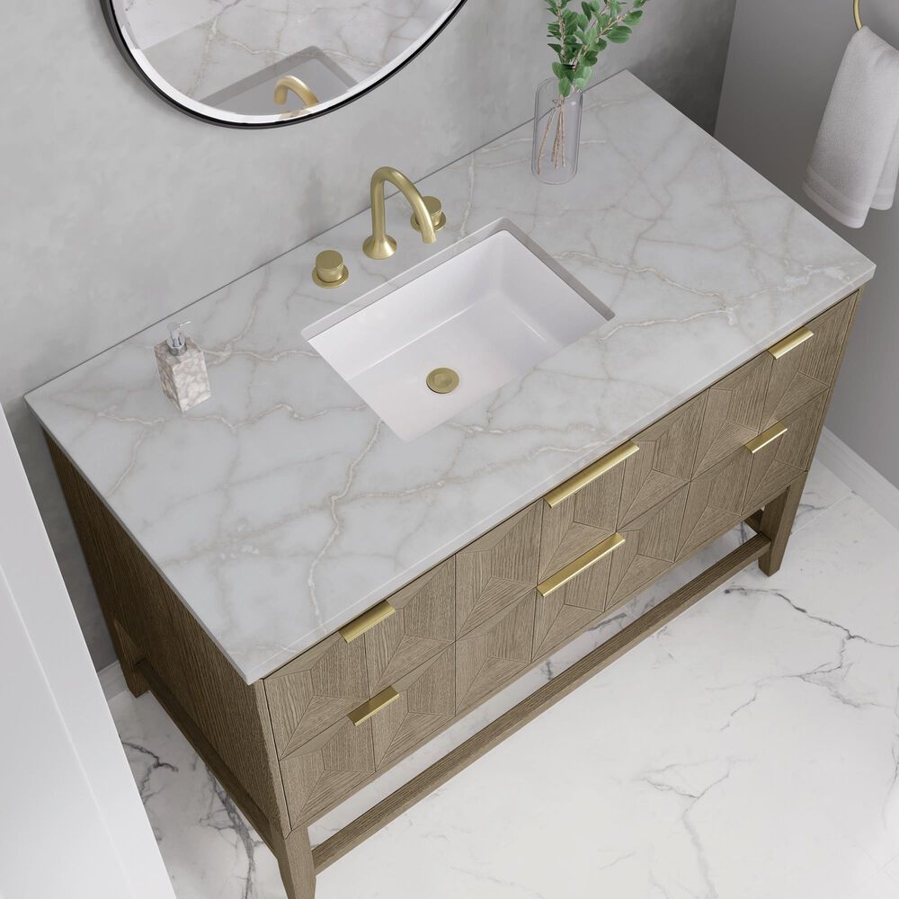 James Martin Emmeline 48&quot; Single Bathroom Vanity in Pebble Oak with 3 cm Parisien Bleu Quartz Top, Rectangle Sink and FreePower Wireless Charger, , large