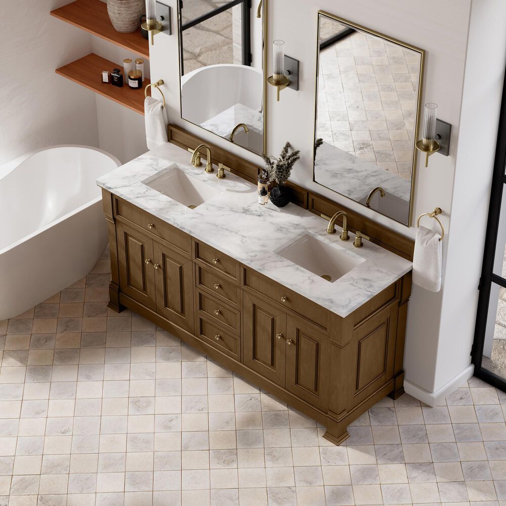 James Martin Vanities Brookfield 72" Double Bathroom Vanity in Honey Oak with 3cm Carrara White Marble Top and Rectangular Sinks, , large