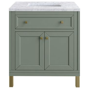 James Martin Chicago 30" Single Bathroom Vanity in Smokey Celadon with 3 cm Carrara White Marble Top and Rectangular Sink, , large
