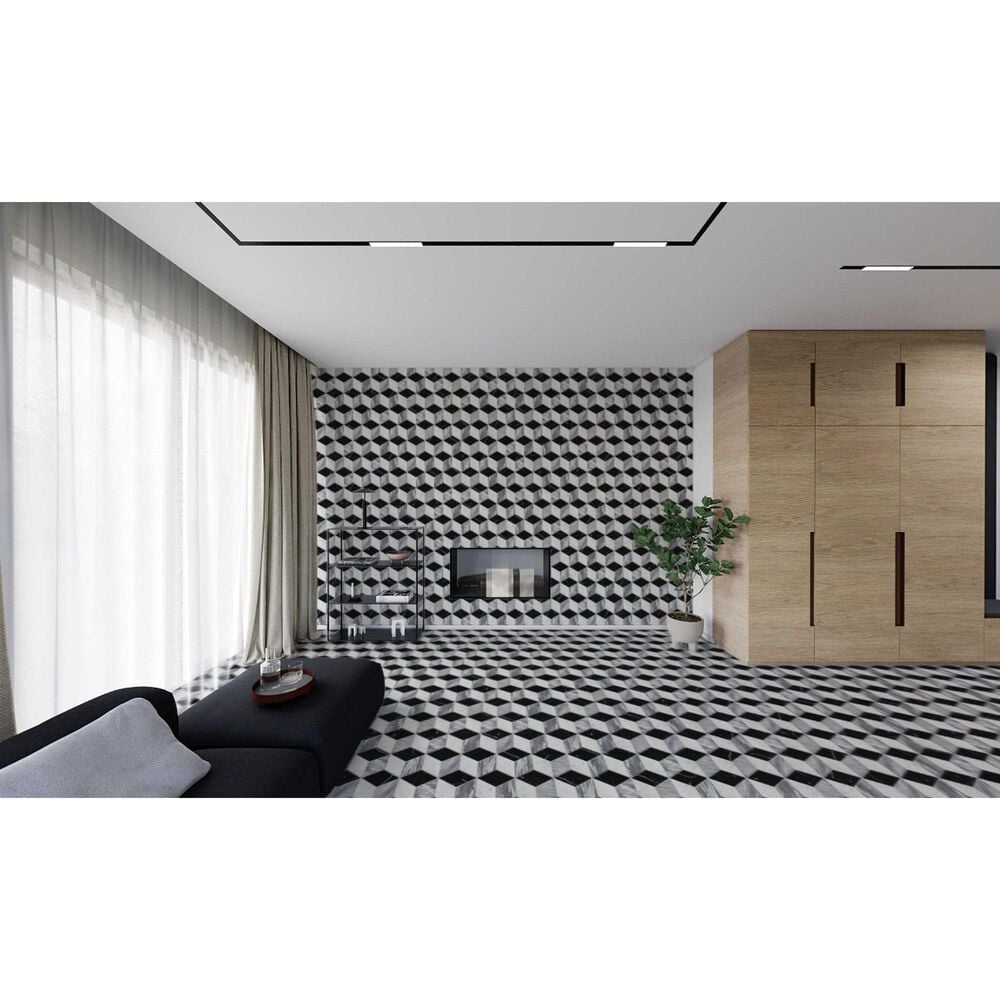 Soho Studio Pari Grigio Nero Carrara and Bardiglio 8" x 9.21" Marble Mosaic Sheet, , large