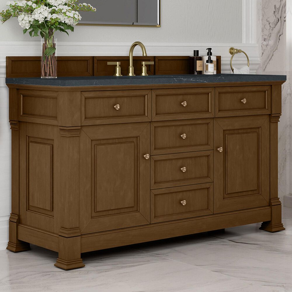 James Martin Vanities Brookfield 60&quot; Single Bathroom Vanity in Honey Oak with 3 cm Charcoal Soapstone Quartz Top and Rectangular Sink, , large