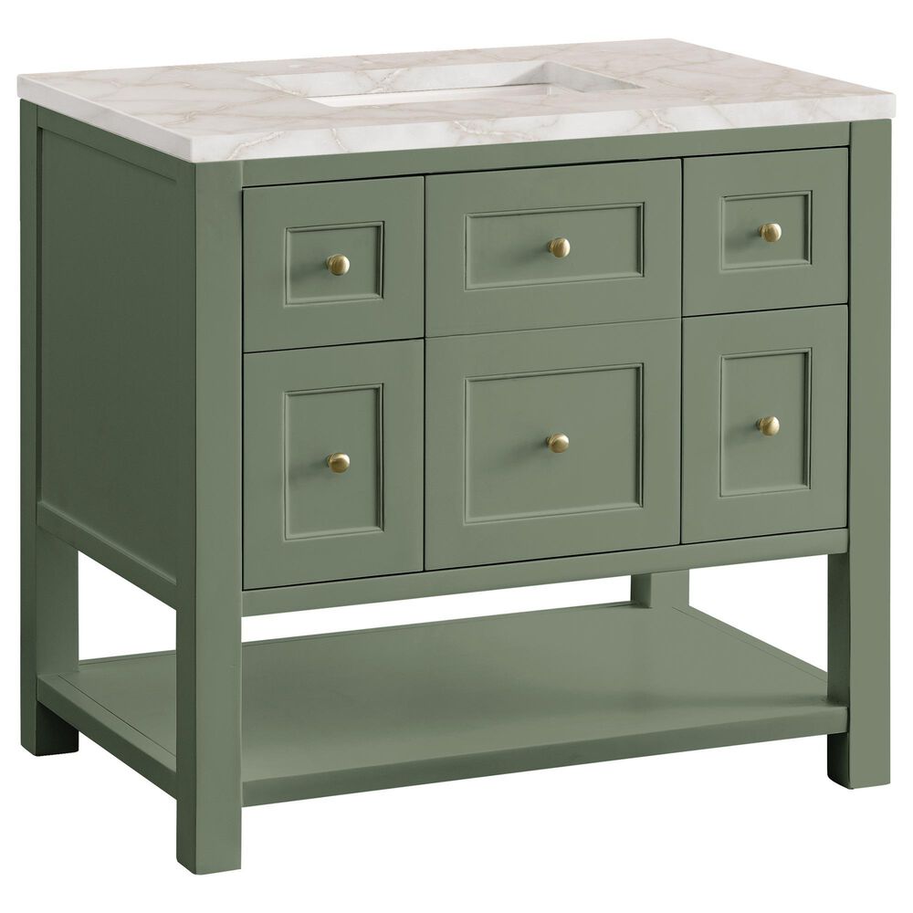 James Martin Vanities Breckenridge 36" Single Bathroom Vanity in Smokey Celadon with 3 cm Victorian Silver Quartz Top and Rectangular Sink, , large