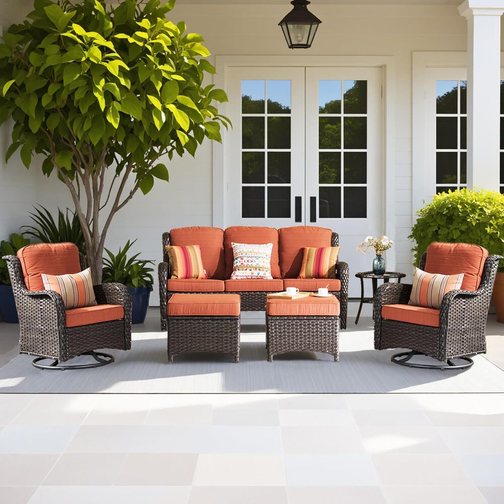HOMLUX 6-Piece Patio Furniture Set with Swivel Rocking Chairs, High Back Outdoor Wicker Sofa Couch, Brown Rattan in Orange Red, , large
