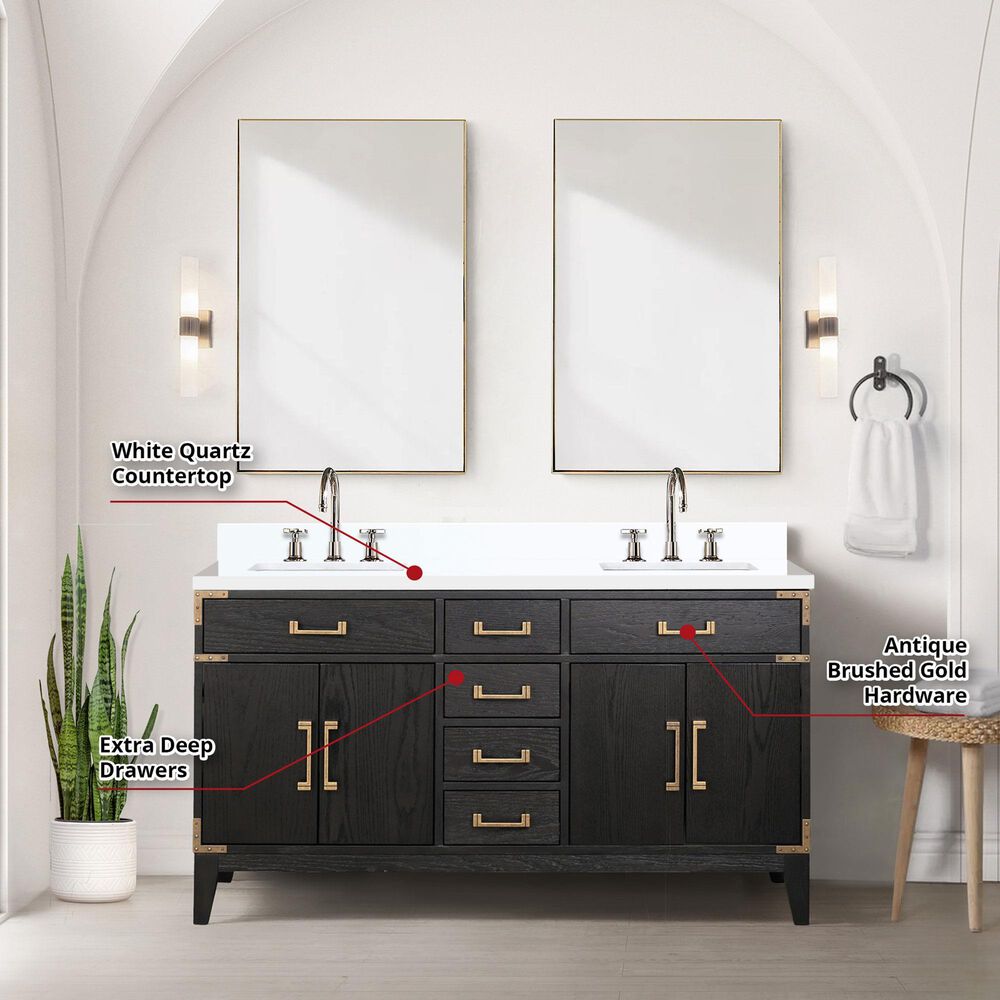 Lexora Home Laurel 60&quot; Double Bathroom Vanity in Black Oak with White Cultured Marble Top and Rectangular Sinks, , large