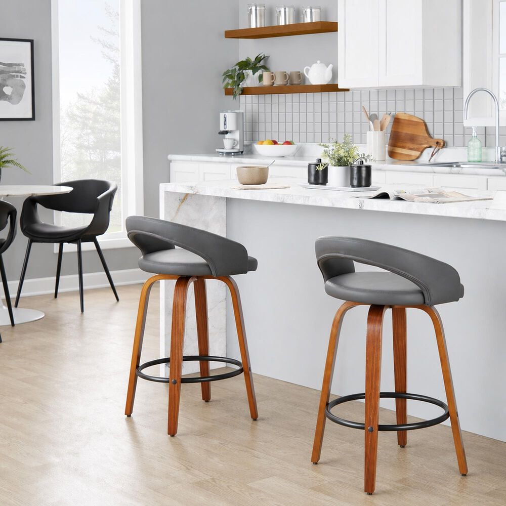 LumiSource Grotto Swivel Counter Stool with Grey Faux Leather Upholstery in Walnut Wood and Black (Set of 2), , large
