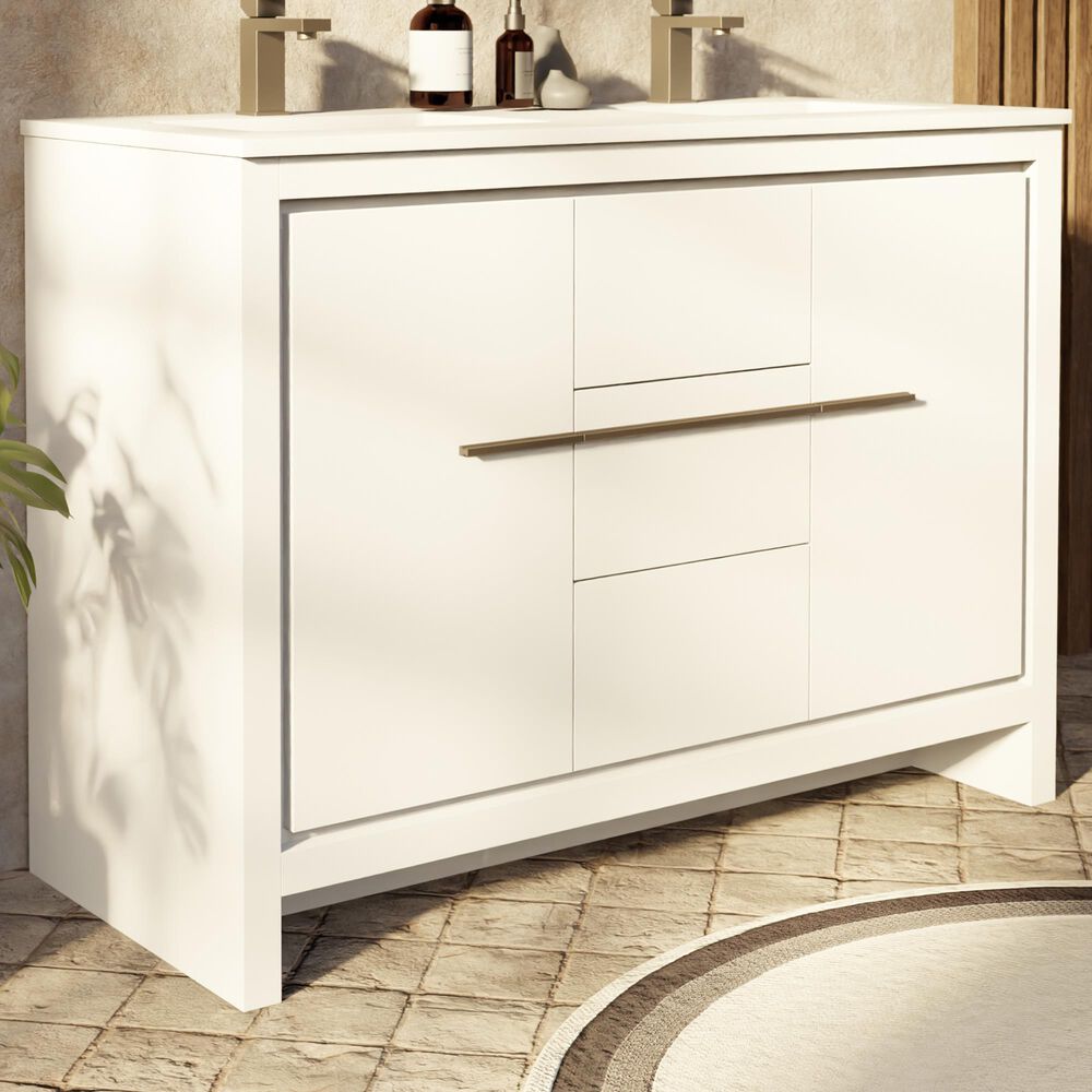 Lexora Home Lafarre 48" Double Bathroom Vanity in White with 2 cm White Cultured Marble Top and Rectangular Sinks, , large