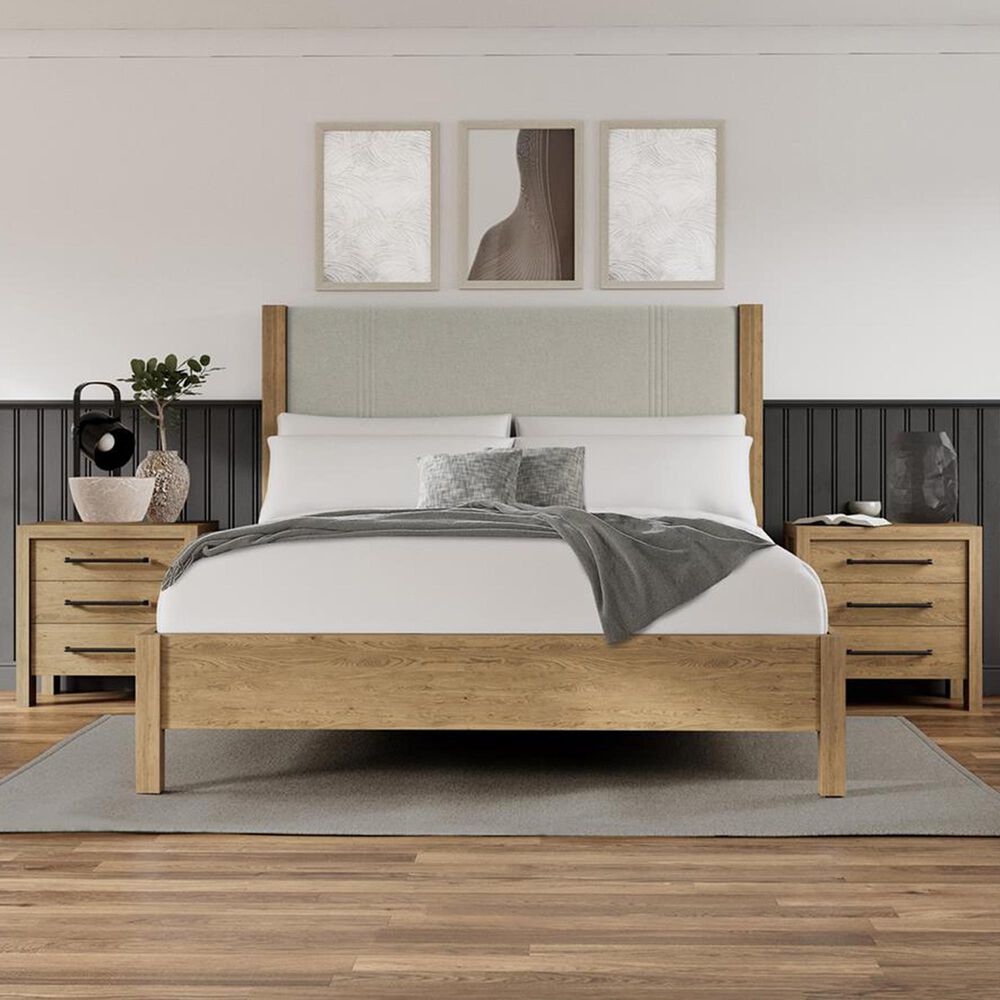 Shannon Hills Davie 3-Piece Queen Upholstered Panel Bed with Nightstand Set in Pale Oak, , large