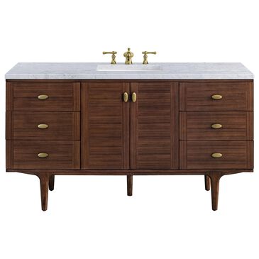 James Martin Amberly 60" Single Bathroom Vanity in Walnut with 3 cm Carrara White Marble Top and Rectangular Sink, , large