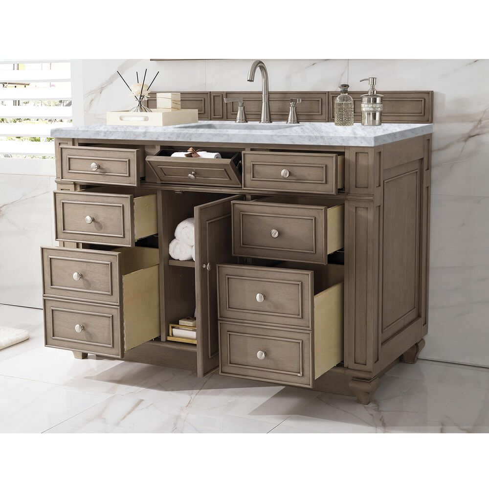 James Martin Vanities Bristol 48&quot; Single Bathroom Vanity in Whitewashed Walnut with 3 cm Carrara White Marble Top and Rectangular Sink, , large