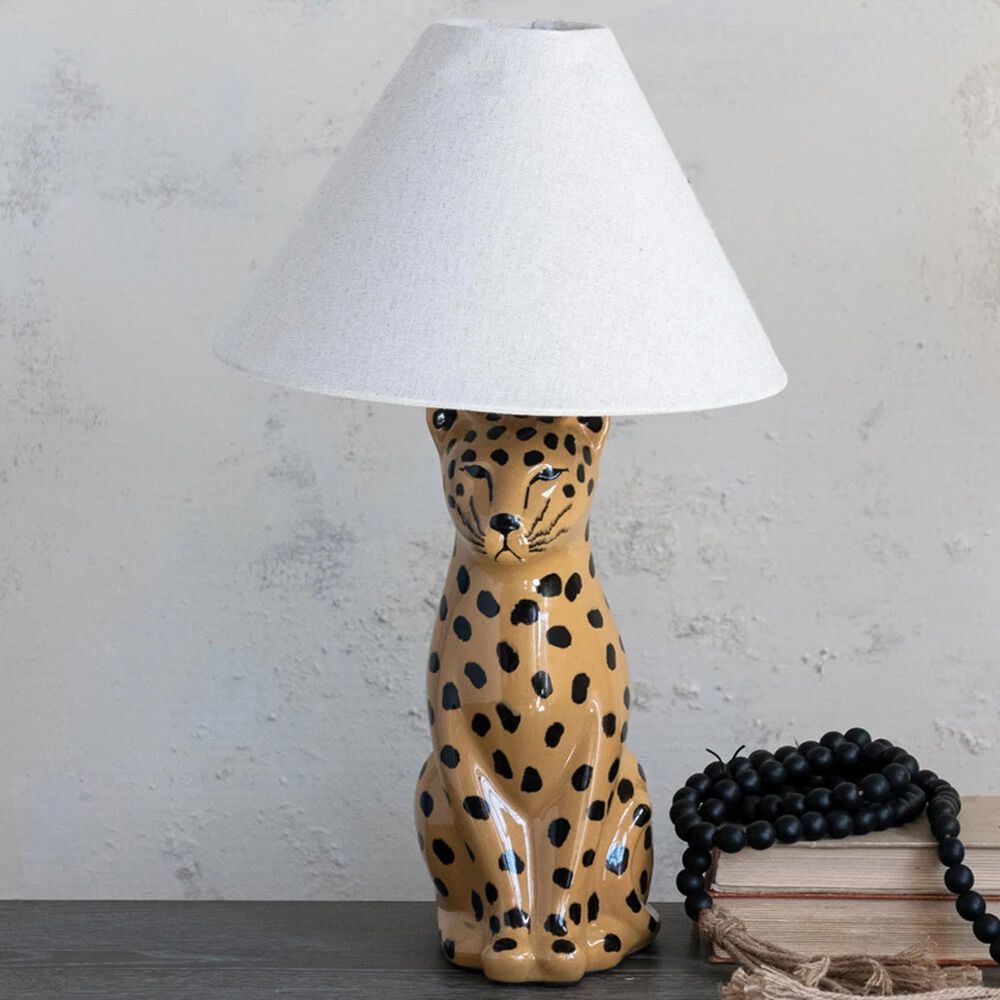 Teak Interiors Collected Notions Ceramic Cheetah Table Lamp with Linen Shade, Inline Switch in Yellow and Black, , large