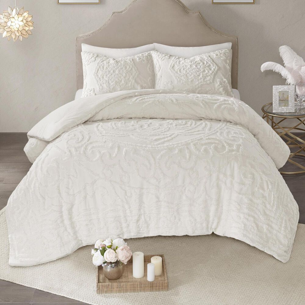 Hampton Park Laetitia 3-Piece Full/Queen Tufted Cotton Chenille Medallion Comforter Set in Off-White, , large