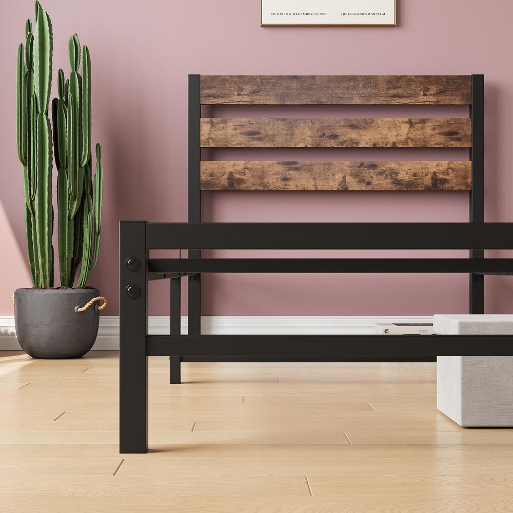 Hearth and Haven Twin Platform Bed with Slat Wood Headboard in Black and Rustic Brown, , large