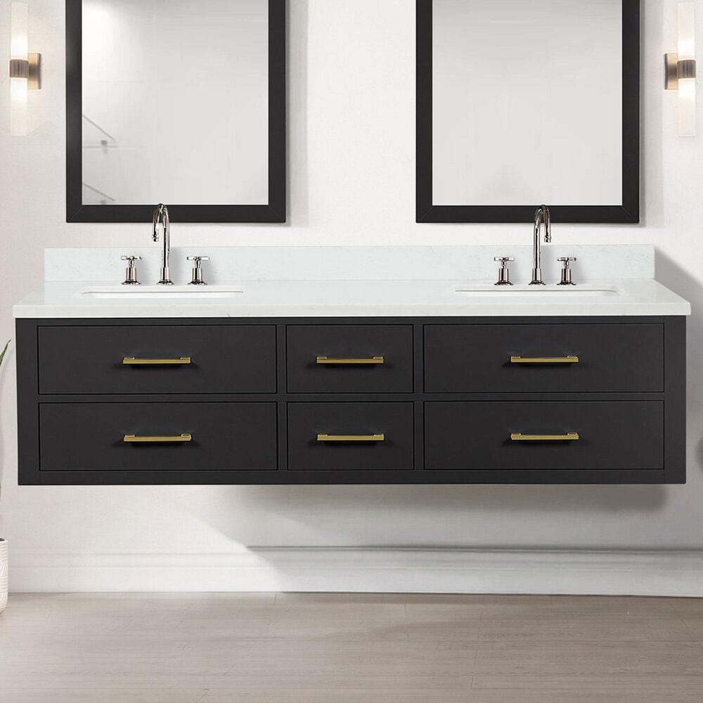 Lexora Home Castor 72&quot; Double Bathroom Vanity in Black with 2 cm White Quartz Top and Rectangular Sinks, , large