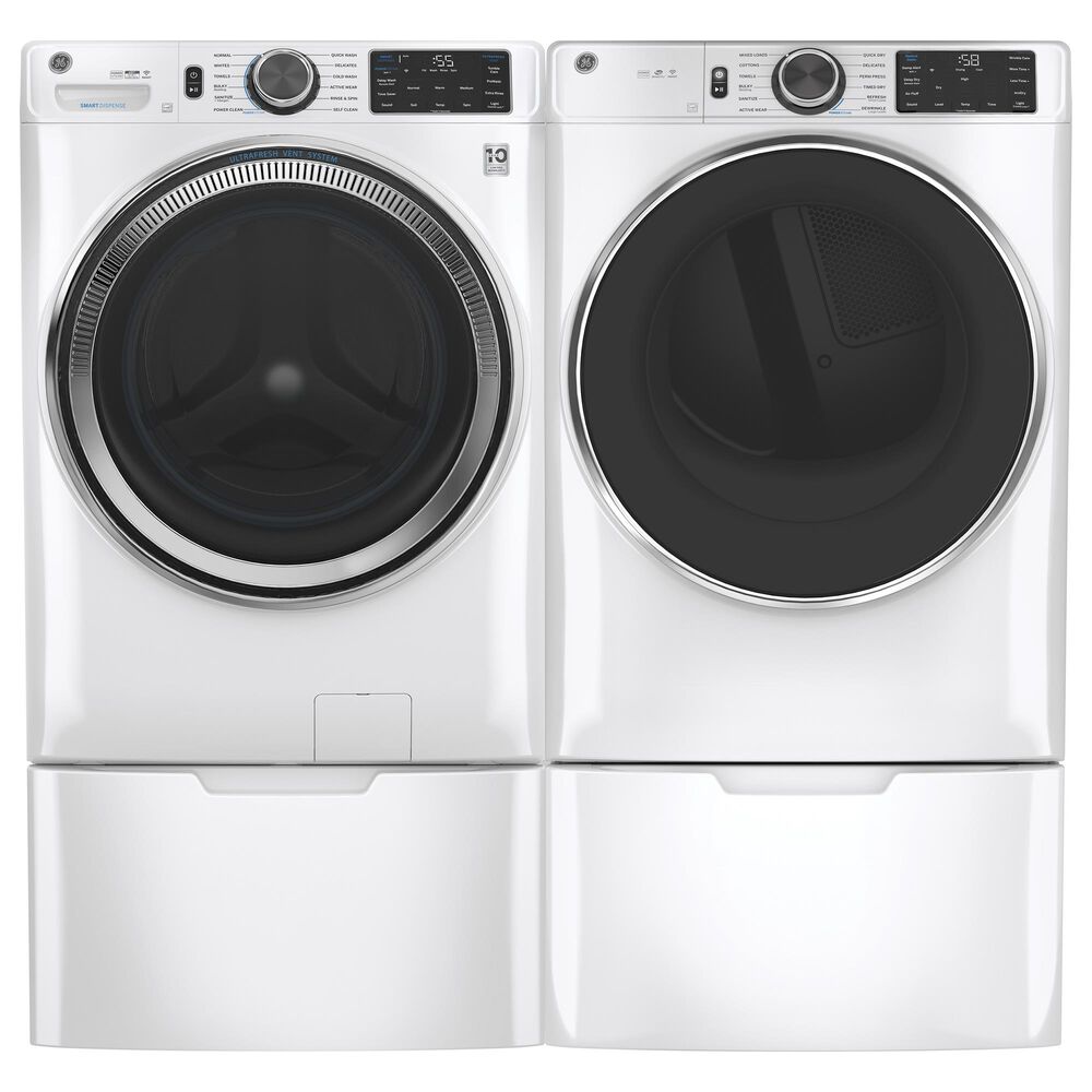 GE Appliances 4.8 Cu. Ft. Front Load Washer, 7.8 Cu. Ft. Electric Dryer with Sanitize Cycle Laundry Pair and Pedestal in White, , large