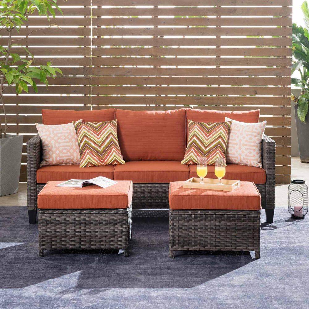 HOMLUX 3-Piece 77" Patio Sofa and Ottoman Set in Orange, , large