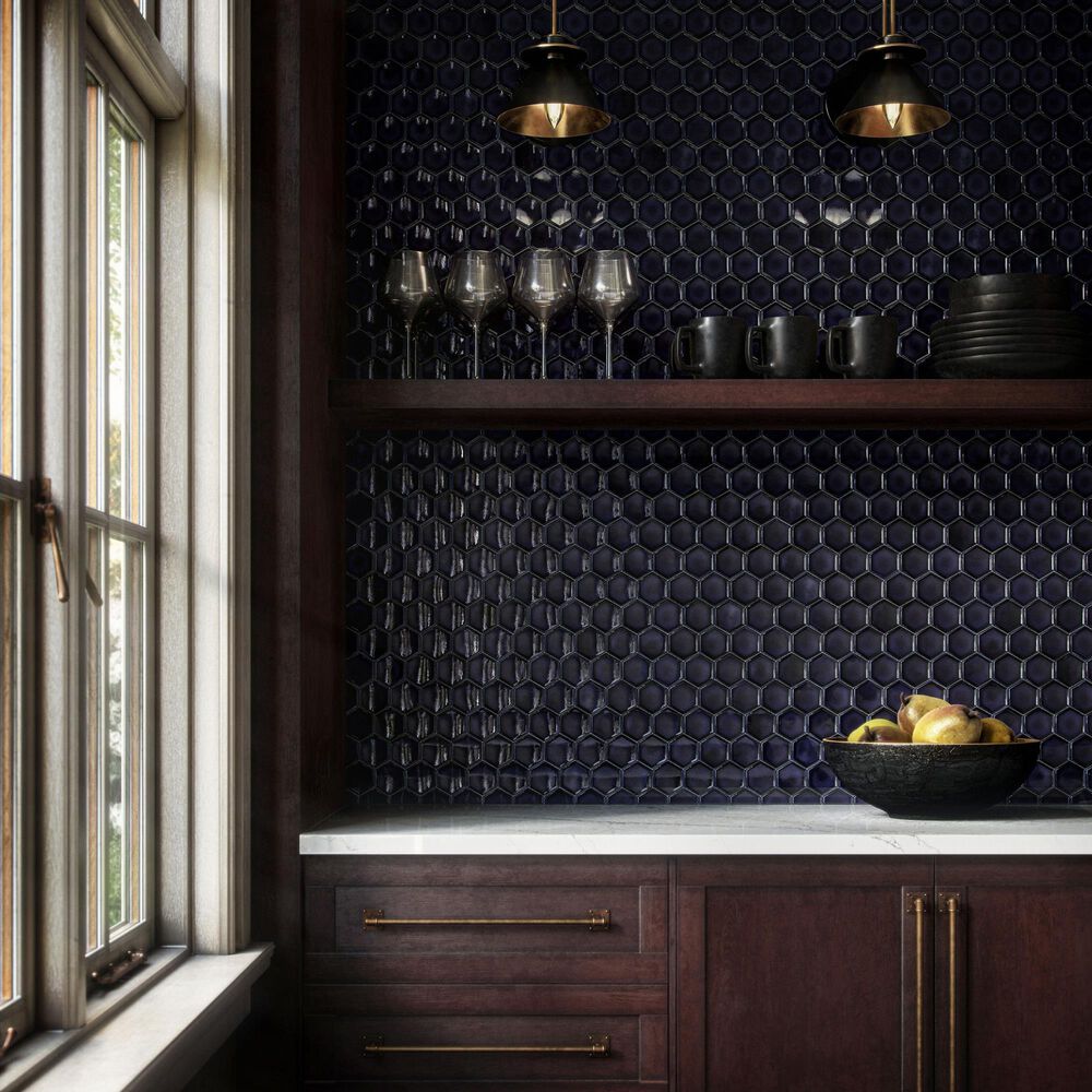 Dal-Tile Artefino Jewel Obsidian 2.5" Framed Hexagon on 12" x 14" Porcelain Mosaic Sheet, , large