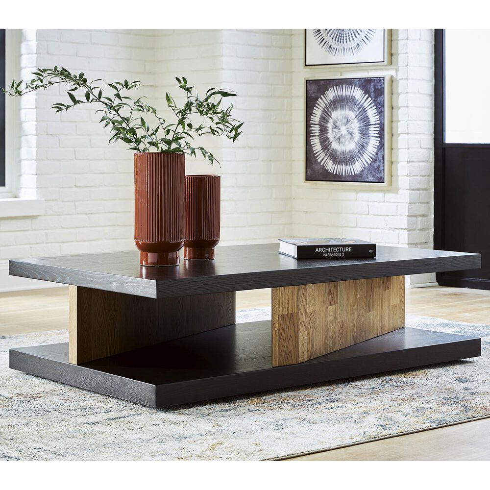 Ashley Kocomore Rectangular Coffee Table in Dark Warm Brown and Light Natural Oak, , large