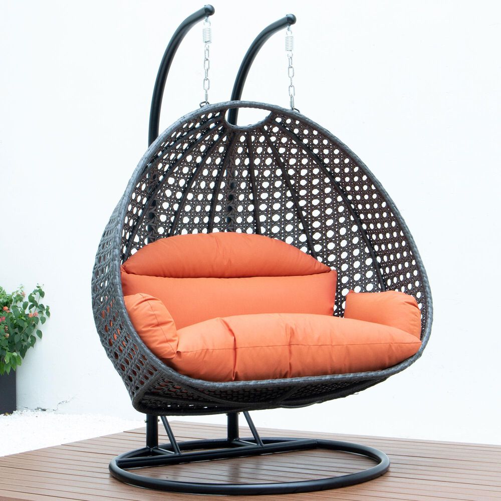 Leisuremod Patio 2-Seat Hanging Egg Swing Chair with Orange Cushion in Charcoal, , large