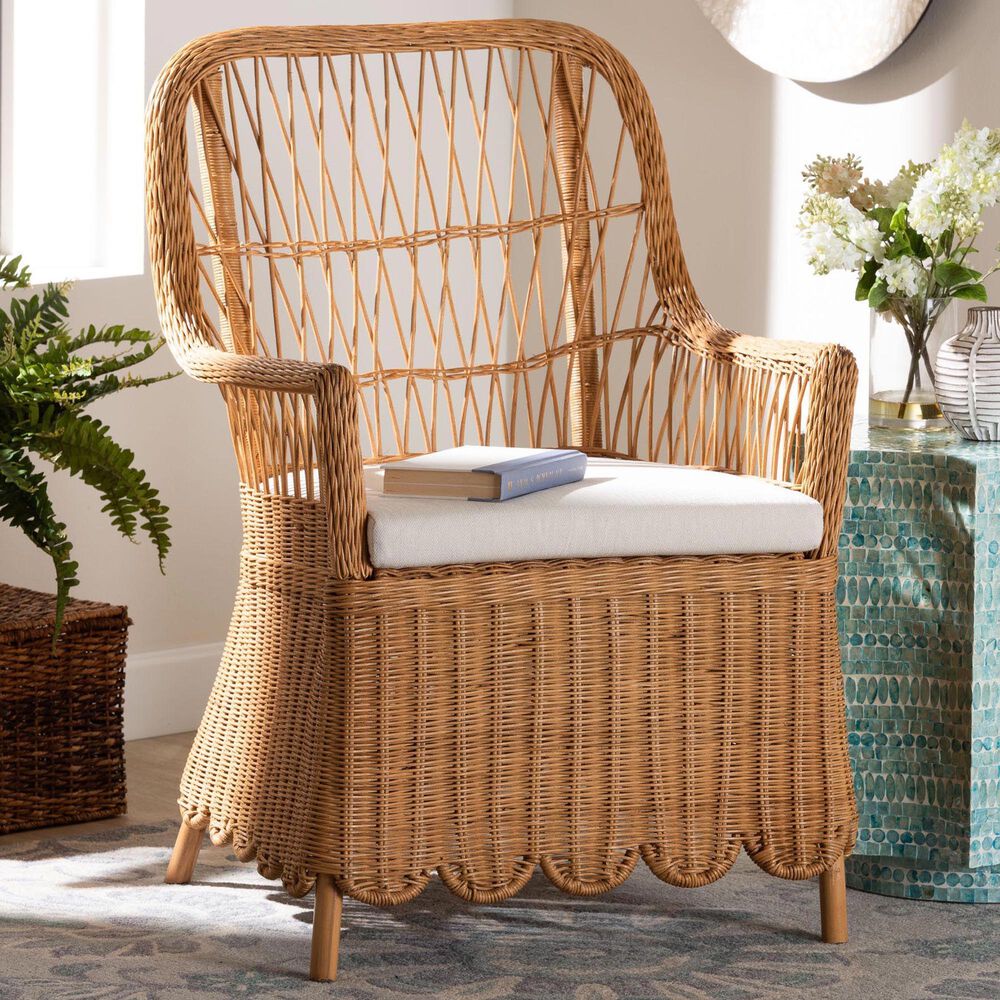 Baxton Studio Teresa Arm Chair with Light Honey Rattan in White, , large