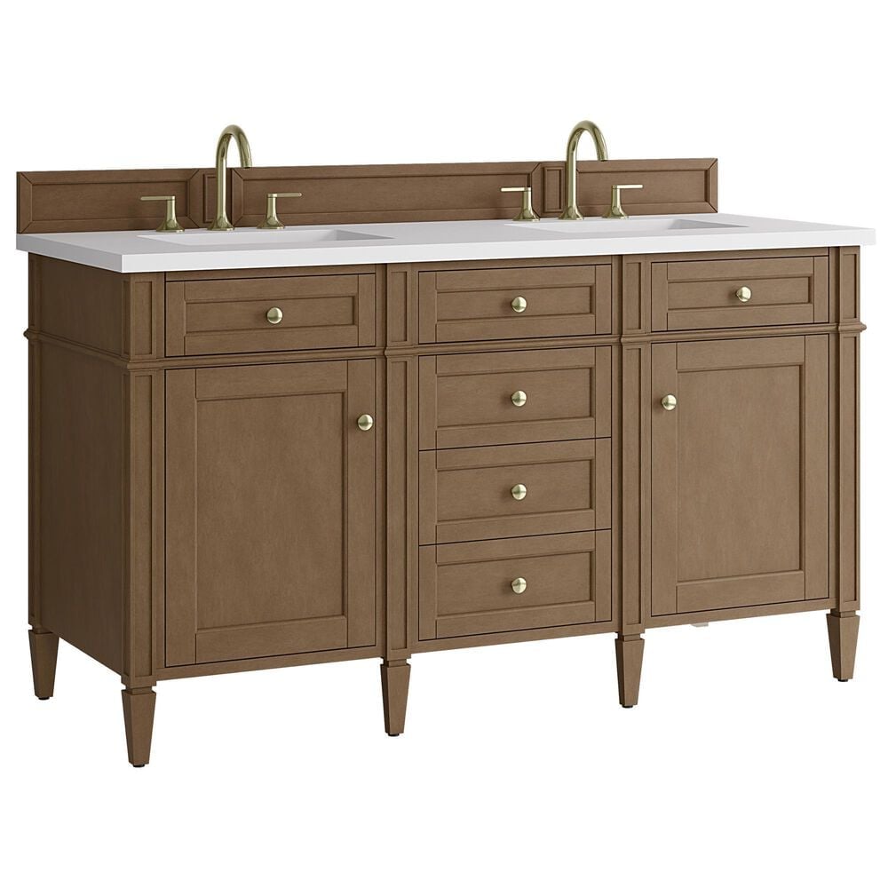 James Martin Brittany 60" Double Bathroom Vanity in Pecan with 3 cm White Zeus Silestone Top and Rectangular Sinks, , large