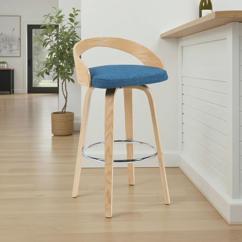 Armen Living Sonia Swivel Bar Height Stool with Blue Upholstery in Oak, , large