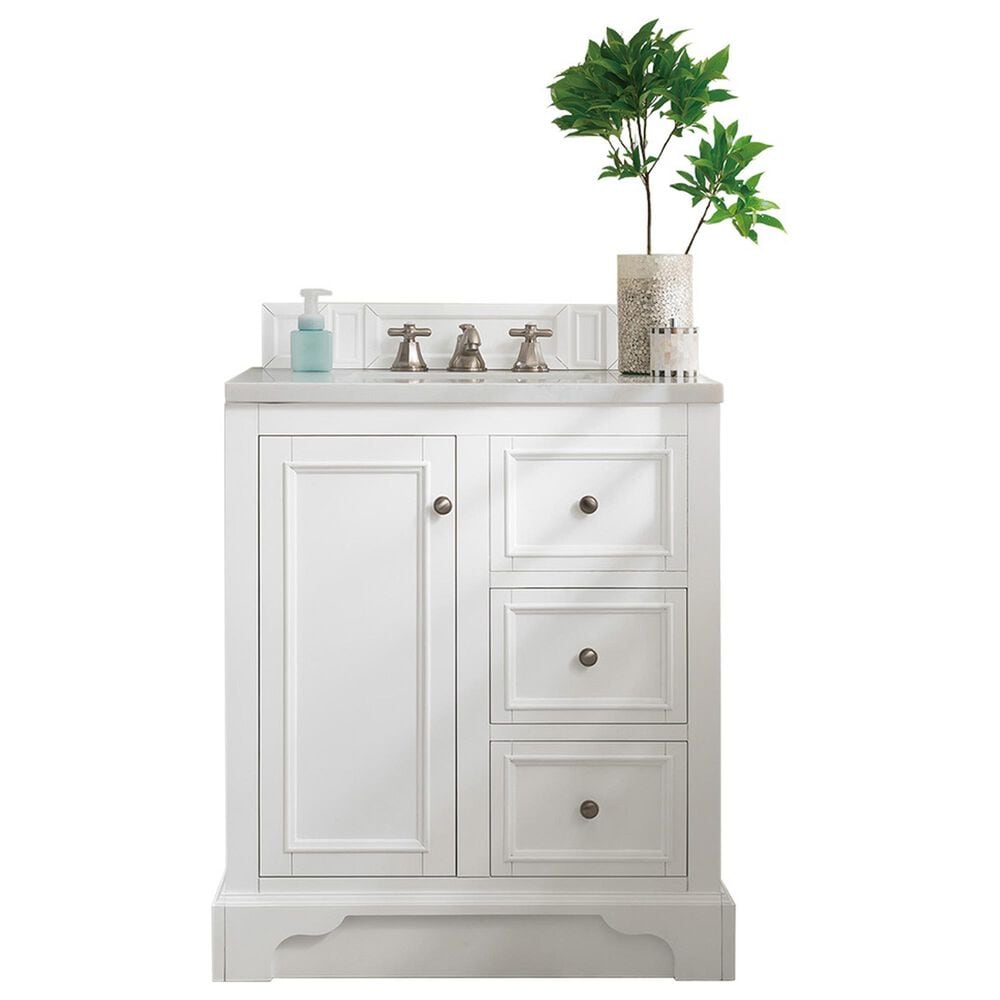James Martin Vanities De Soto 30" Single Bathroom Vanity in Bright White with 3 cm Eternal Jasmine Pearl Quartz Top and Rectangular Sink, , large