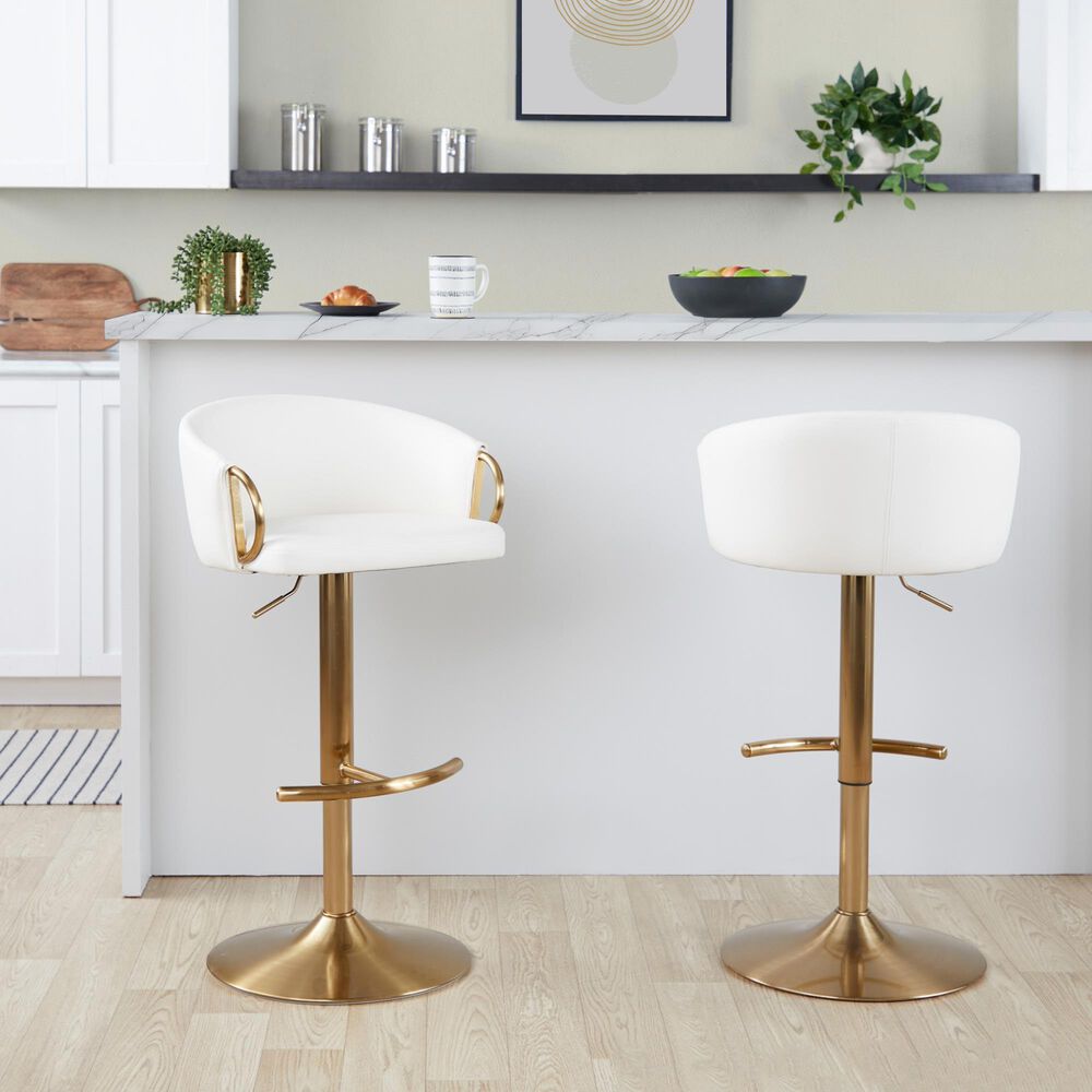 LumiSource Claire Swivel Adjustable Barstool with White Faux Leather Upholstery in Gold (Set of 2), , large