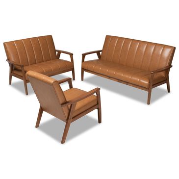 Baxton Studio Nikko 3-Piece Living Room Set in Tan and Walnut Brown, , large