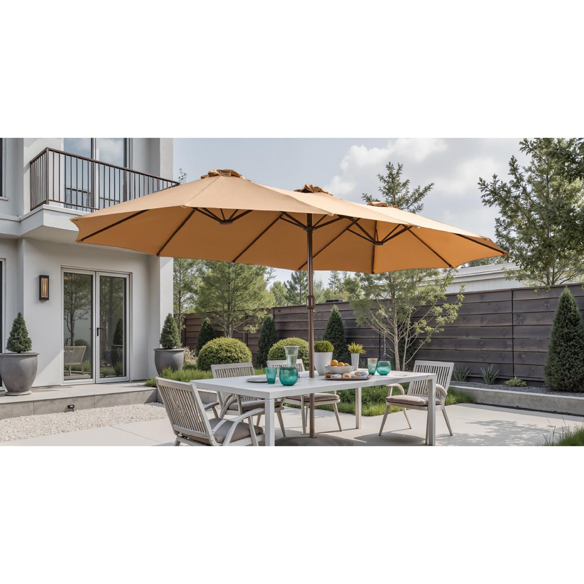 HOMLUX 15' Outdoor Market Umbrella with Sandbags Base in Khaki
