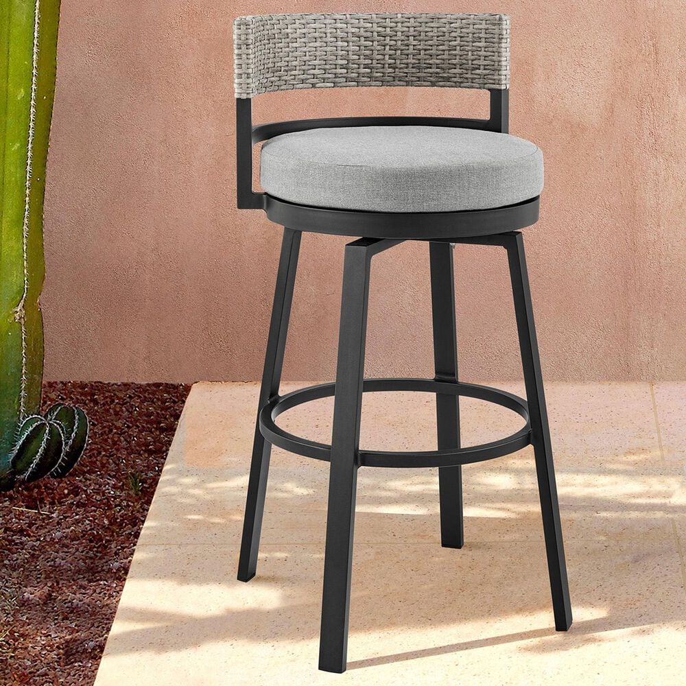 Armen Living Encinitas Patio Swivel Counter Height Bar Stool with Dark Gray Cushion in Black, , large